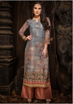 Grey Color Designer Georgette Straight Cut Kurti